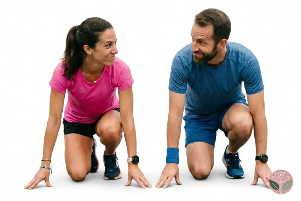 A couple in athletic wear in a sprint-start position on a white background, illustrating active natural preparation for IVF