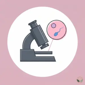 Square illustration of a dark grey laboratory microscope inside a white circle on a dusty-pink background, with a smaller inset circle showing a single sperm approaching an egg