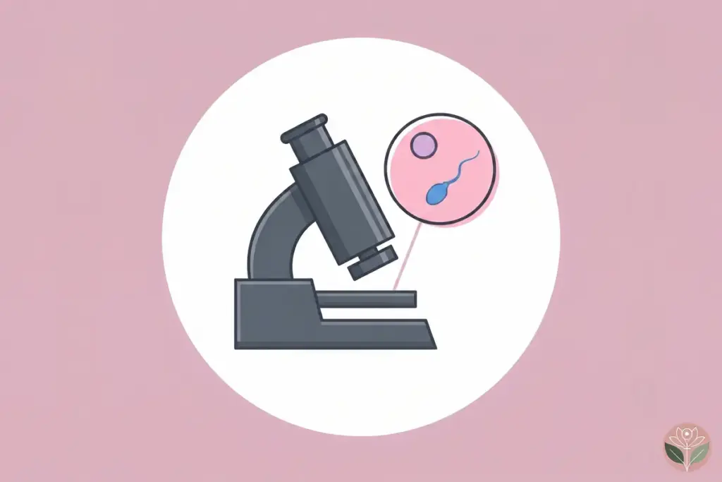 Flat illustration of a dark grey laboratory microscope inside a white circle on a dusty-pink background, with a smaller inset circle showing a single sperm approaching an egg