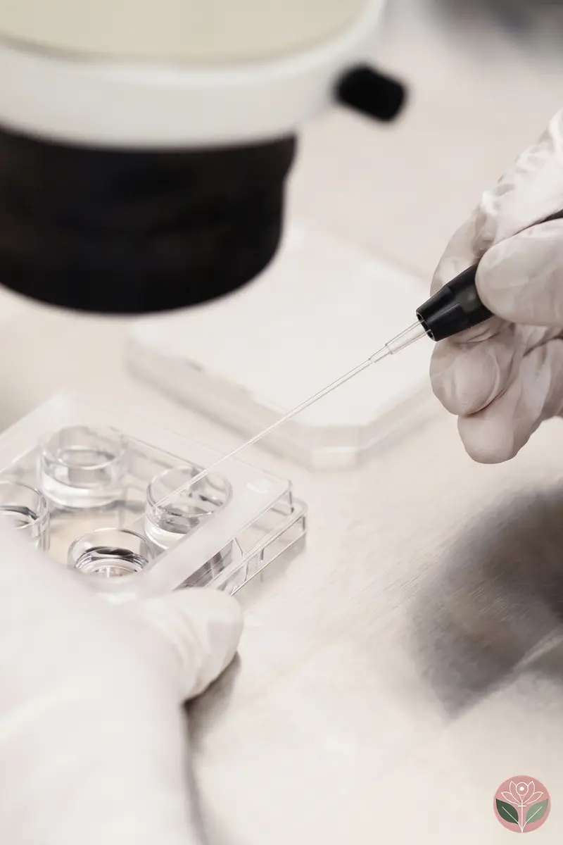 A gloved embryologist pipetting into a four-well culture dish under a microscope — fertilisation taking place in vitro during IVF