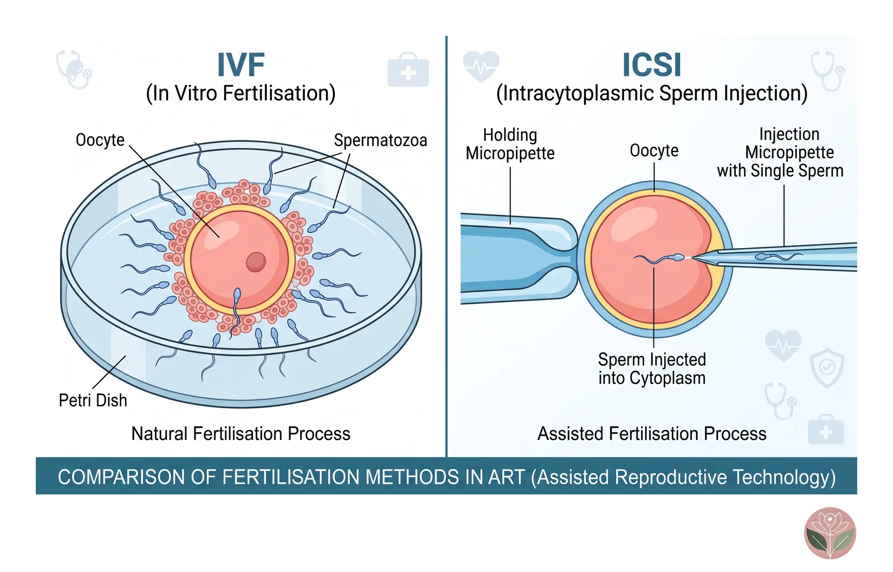 Side-by-side comparison of IVF and ICSI fertilisation: in conventional IVF many sperm surround the oocyte in a culture dish, while in ICSI a single sperm is injected into the oocyte through a micropipette