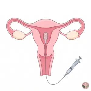 Illustration of an embryo transfer catheter placing an embryo in the uterus
