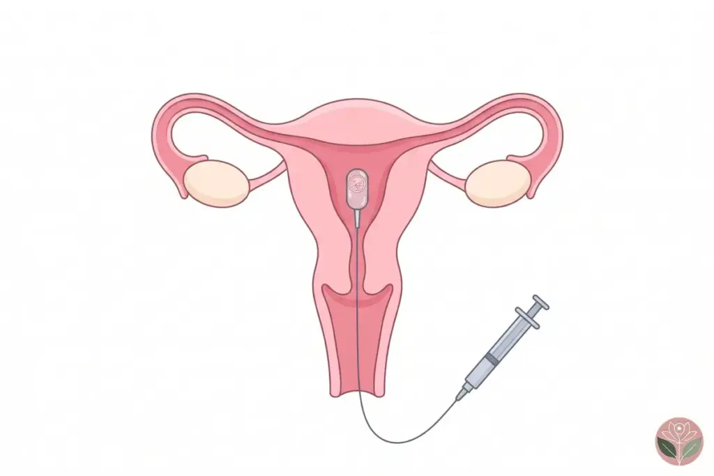 Illustration of an embryo transfer: a thin catheter carries the embryo through the cervix into the uterus