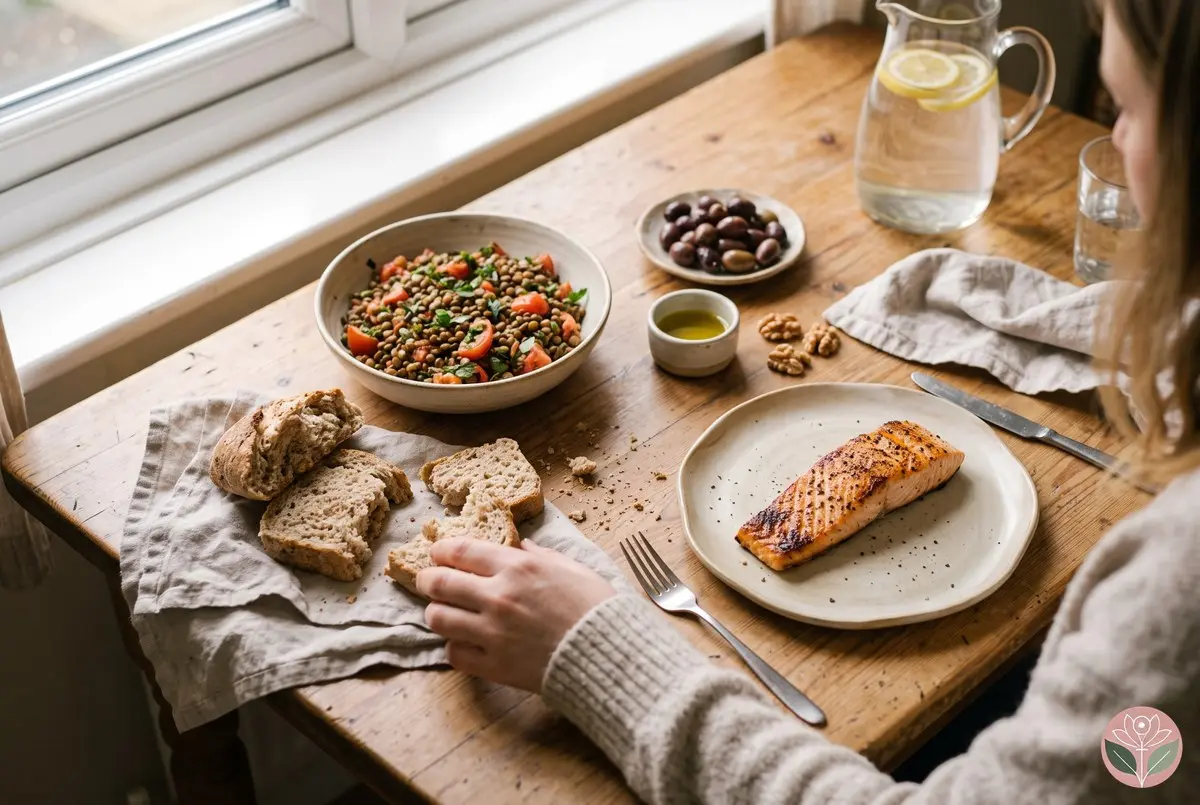 Mediterranean lunch of lentil salad, salmon, wholegrain bread, olives and walnuts on a wooden table
