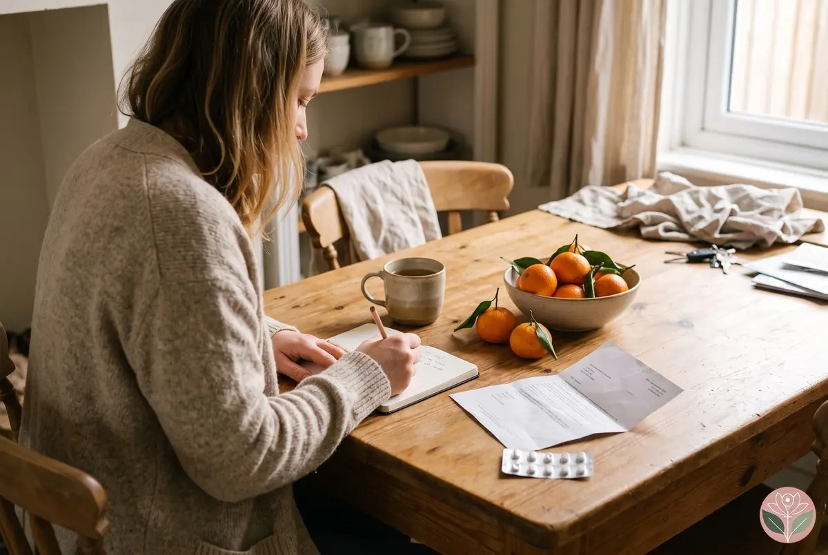 Woman at a kitchen table writing questions for her embryo transfer, with tea and clementines