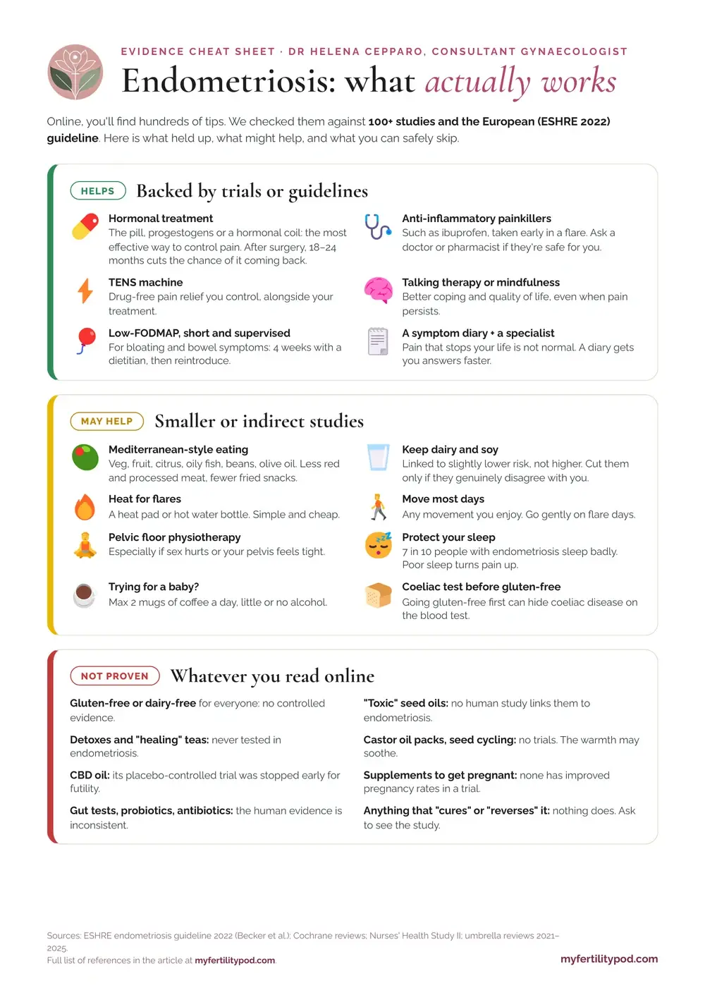 Preview of the free endometriosis evidence cheat sheet by Dr Helena Cepparo: what helps, what may help, and what is not proven