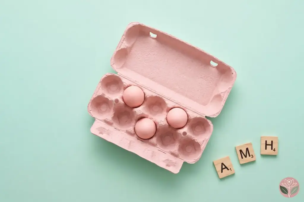 Pink egg carton with only three eggs left beside Scrabble tiles spelling AMH, on a mint background